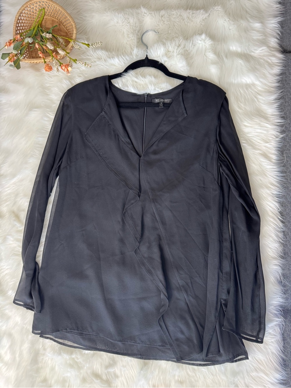 St. John Black Long Sleeve Ruffle Silk Blouse Medium - Picture 2 of 4